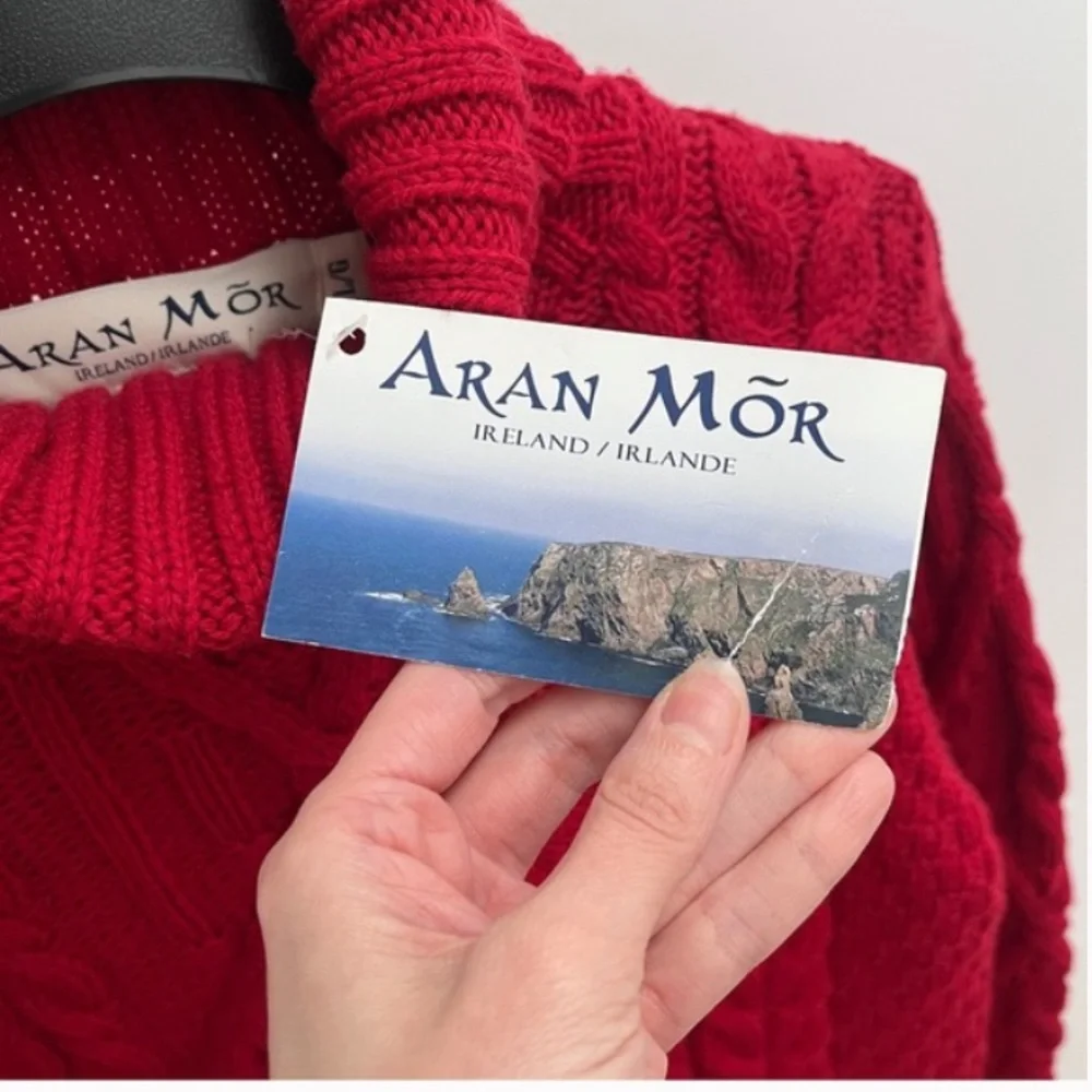 NWT Aran Mor Irish wool Women's Red Cable Knit turtleneck Sweater fisherman - Picture 4 of 10